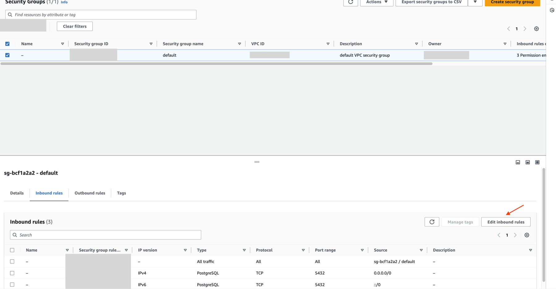 Edit inbound rules for the above security group