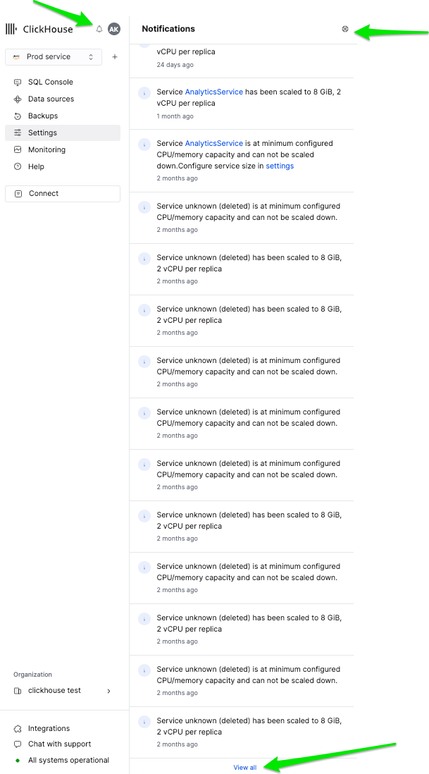 ClickHouse Cloud notifications flyout